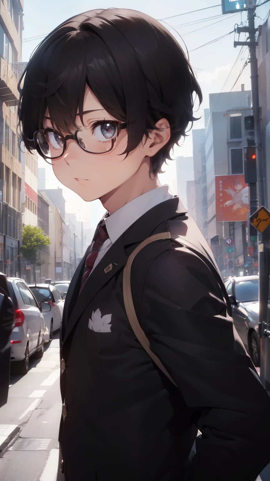 (1 boy), (school boy), Symmetrical Eyes, male, tie, holding a book, small book in hand, (holding small book), Thick black frame glasses, shy, black messy hair, bluish-grey eye color, wearing glasses, 4k, detailed, anime 4k, (Curly hair), from side, character focus, ((black light)),((dark lighting)), cinematic lighting ,(darkness), (concept art), high resolution,(incredibly absurdres) ,extremely detailed CG unity 8k wallpaper, ((masterpiece)), ((top-quality)), (beautiful illustration), ((an extremely delicate and beautiful)), (masterpiece, Best quality, ultra high resolution), Black hair, pale skin, ultra detailed eyes, Beautiful and detailed face, detailed eyes, (Centered, torso), (wide shot:0.9), facing the viewer, Eye level, ((male)), blushing, masculine face, narrow eyes, flat chest, masculine build, slightly muscular,
