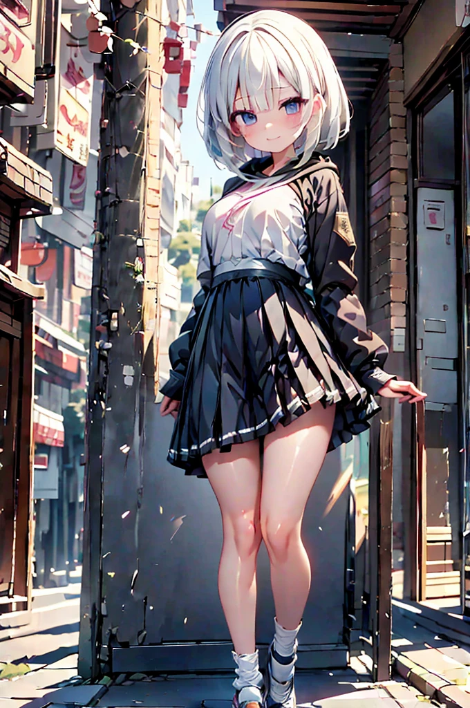 Anime-style image of a woman with white hair and black clothing, Cute 3D anime girl render, Anime VTuber Full Body Model,Anime girl in middle eastern clothing, Highly detailed characters, Official character art,Hijab,Bobcut,Arabian,Wear a hood