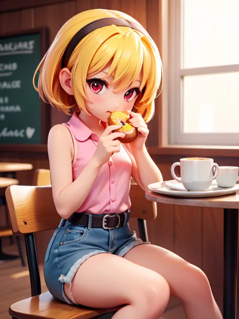 iced donuts, (eating a donut), cafe, table, mug, the dishes, tray, sit, satoko hojo, one girl, (blonde), red eyes, short hair, h...