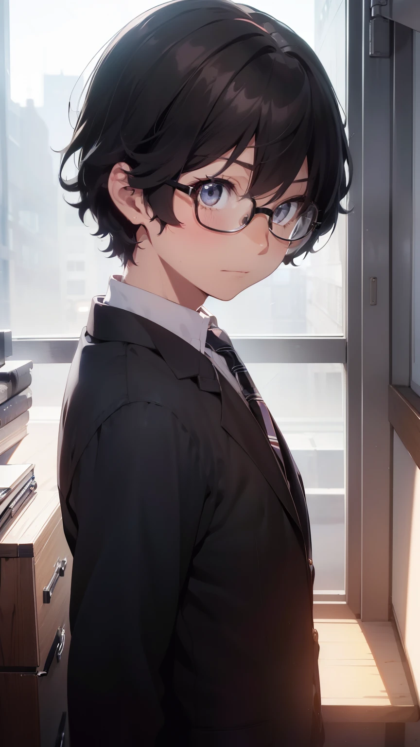 (1 boy), (school boy), Symmetrical Eyes, male, tie, holding a book, small book in hand, (holding small book), Thick black frame glasses, shy, black messy hair, bluish-grey eye color, wearing glasses, 4k, detailed, anime 4k, (Curly hair), from side, character focus, ((black light)),((dark lighting)), cinematic lighting ,(darkness), (concept art), high resolution,(incredibly absurdres) ,extremely detailed CG unity 8k wallpaper, ((masterpiece)), ((top-quality)), (beautiful illustration), ((an extremely delicate and beautiful)), (masterpiece, Best quality, ultra high resolution), Black hair, pale skin, ultra detailed eyes, Beautiful and detailed face, detailed eyes, (Centered, torso), (wide shot:0.9), facing the viewer, Eye level, ((male)), blushing, masculine face, narrow eyes, flat chest, masculine build, slightly muscular,
