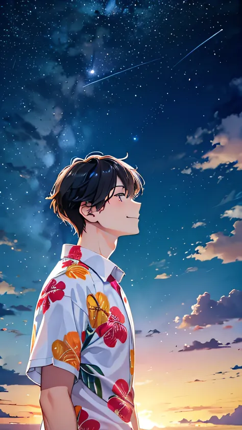 Highest quality、Young man looking up at the night sky、smile、profile、Hawaii、Resort、Wearing an Aloha shirt、Black Hair、1 male