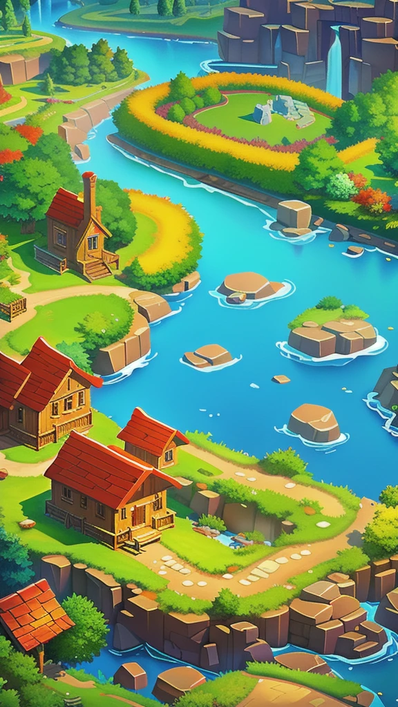 Concept Art, Top-down terrain, Game scene, landscape, symbol, water, stairs, house, Tree, architecture, chimney, Door, bridge, Grass, river, road, banner, ladder, Clothesline,