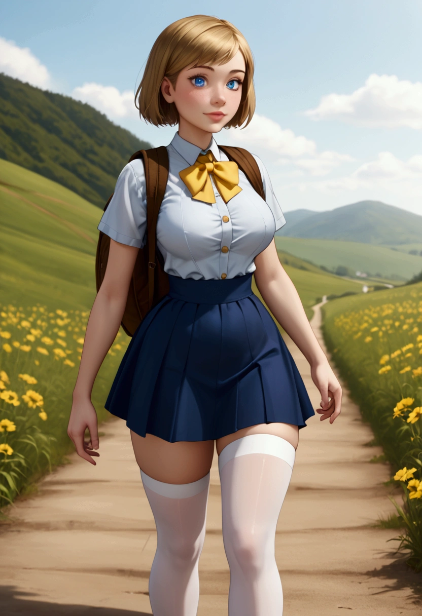 A stunning, intricate full-color portrait in Ultra-HD, 12 year old girl, detailed face, Short blonde hair, blue eyes, She will be wearing a  with a white shirt with buttons, a short yellow tie and a very small short wide skirt that you can see her white underwear., but the skirt will be wide, short and made of fabric , He will be wearing long white stockings and it will be placed on each of his legs up to the height of his buttocks., very giant breasts, sensual and very sexy body, very thin waist, very large hips that appear full body, epic character composition, albi albi, nina masic, sharp focus, natural lighting, Subsoil Dispersion, F2, 35mm, landscape: He will be outside a school and will have a brown backpack hanging on his shoulders., The shot will be from bottom to top and you will be able to see his underwear. 