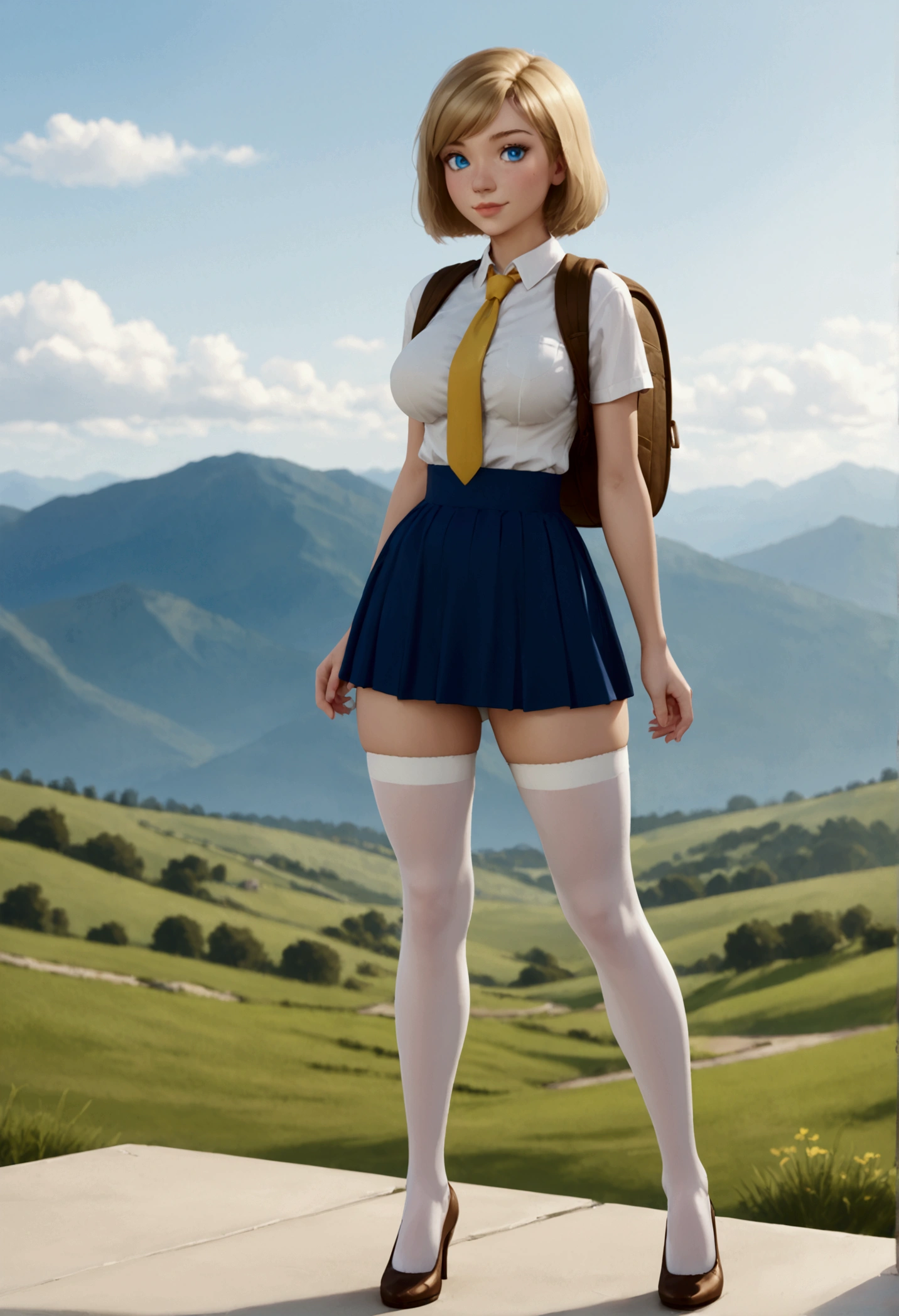 A stunning, intricate full-color portrait in Ultra-HD, 12 year old girl, detailed face, Short blonde hair, blue eyes, She will be wearing a  with a white shirt with buttons, a short yellow tie and a very small short wide skirt that you can see her white underwear., but the skirt will be wide, short and made of fabric , He will be wearing long white stockings and it will be placed on each of his legs up to the height of his buttocks., very giant breasts, sensual and very sexy body, very thin waist, very large hips that appear full body, epic character composition, albi albi, nina masic, sharp focus, natural lighting, Subsoil Dispersion, F2, 35mm, landscape: He will be outside a school and will have a brown backpack hanging on his shoulders., The shot will be from bottom to top and you will be able to see his underwear. 