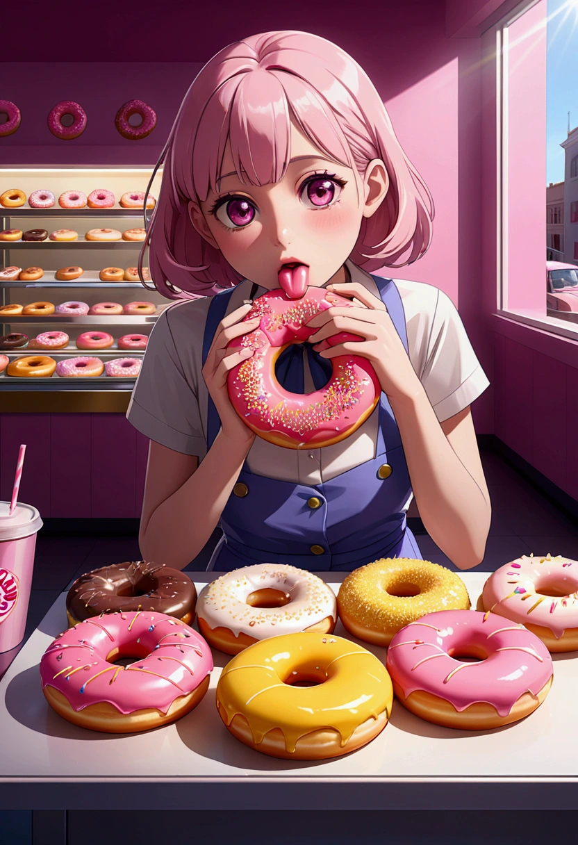 (Eating Donuts), Dessert Shop, through Prismatic Shadows, casting shadows in pink Donuts and honey color, with pink and honey color, full body, award-winning, cinematic still, emotional, vignette, dynamic, vivid, (masterpiece, best quality, photorealistic, Professional, perfect composition, very aesthetic, absurdres, ultra-detailed, intricate details:1.3)