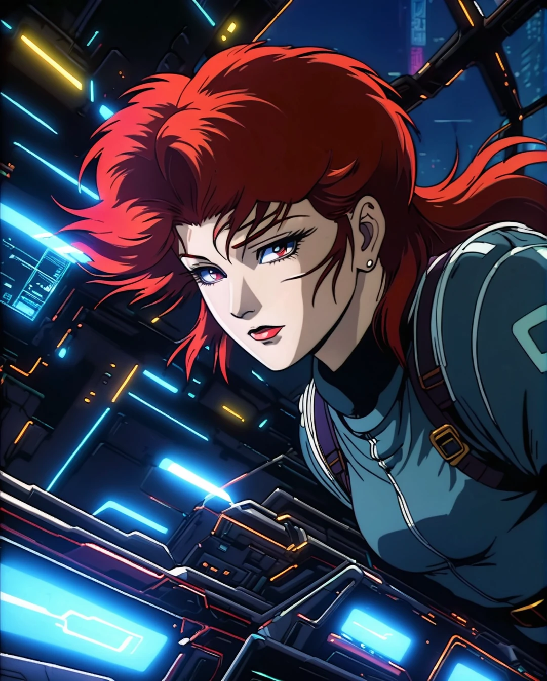 Anime girl with red hair piloting AE ship in a cyberpunk art style, neofigurative portrait, art deco outrun anime aesthetic, by Katsuya Terada, high detail, vibrant colors, dynamic lighting, futuristic setting, character design, 4k resolution