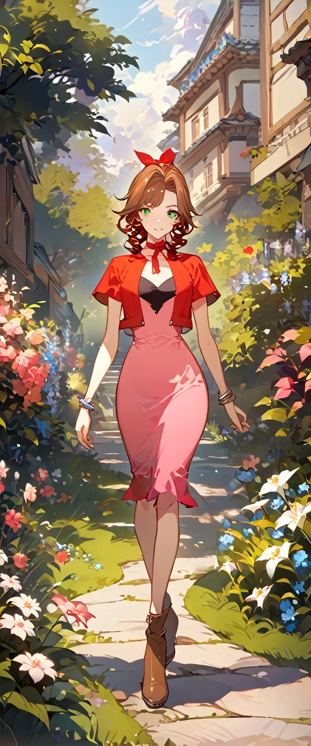 masterpiece, best quality, 8k, 4k, 1girl, aerith gainsborough, brown hair, high middle bang, longer side curly bang, long tight curly ponytail, green eyes, red hair ribbon, red bolero jacket, short sleeve jacket, cropped jacket, black tie choker, long pink straight dress, brown boots, bangles, walking in a garden, flowers, detailed background,, inspired by Asukaziye artist : ask, art style : ask