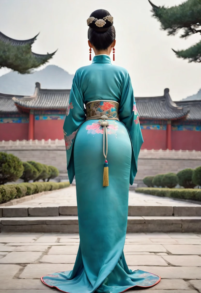 A imagem mostra a visão traseira da imperatriz da dinastia Qing na China. Seus seios grandes e suas nádegas grandes nuas são visíveis, pois sua sunga caiu.. Seu cabelo está amarrado e puxado para cima, com um lindo enfeite de flor em ambos os lados.、Coroa imperial da Dinastia Qing em estilo chinês em fundo de pavimento de pedra fora do palácio chinês da Dinastia Qing