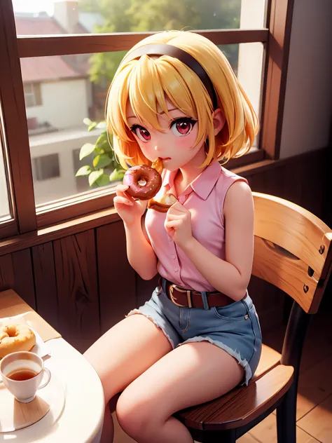 iced donuts, (eating a donut), cafe, window, table, tea cup, donuts on a wooden plate, sit, satoko hojo, one girl, (blonde), red...