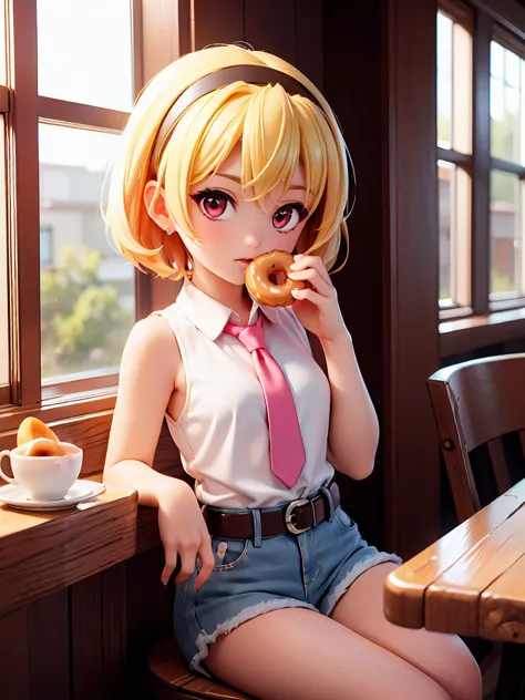 iced donuts, (eating a donut), cafe, window, table, tea cup, donuts on a wooden plate, sit, satoko hojo, one girl, (blonde), red...