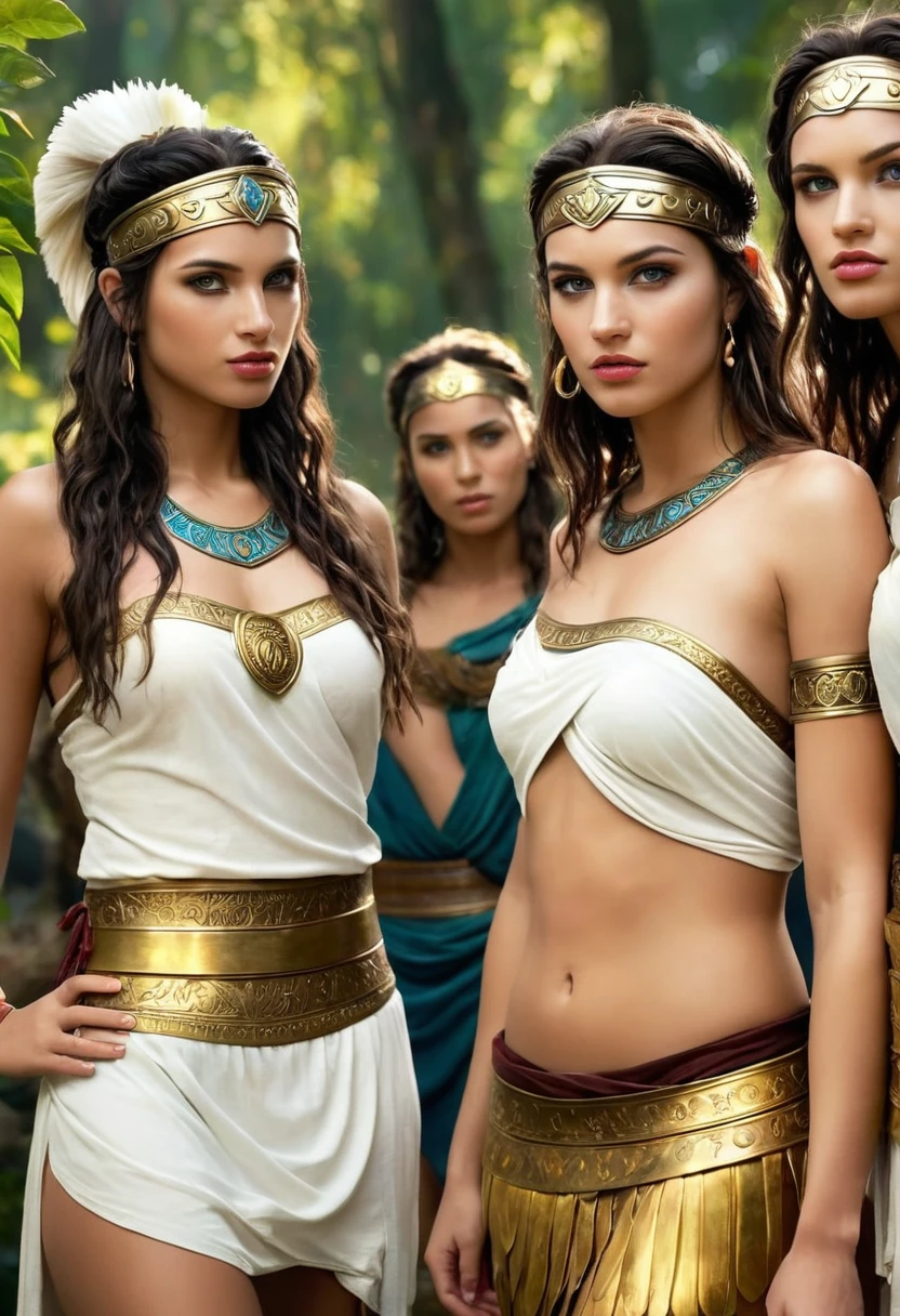 beautiful detailed eyes, beautiful detailed lips, extremely detailed eyes and face, longeyelashes, 5 girls looking flirty to camera, ancient greek warrior, durchtrainierte Bauchmuskeln, women in togas, diferent Hair Collor and styles, forest background, sandals, sexy, (best quality,4k,8k,highres,masterpiece:1.2),ultra-detailed,(realistic,photorealistic,photo-realistic:1.37), concept art, dramatic lighting, vibrant colors, cinematic