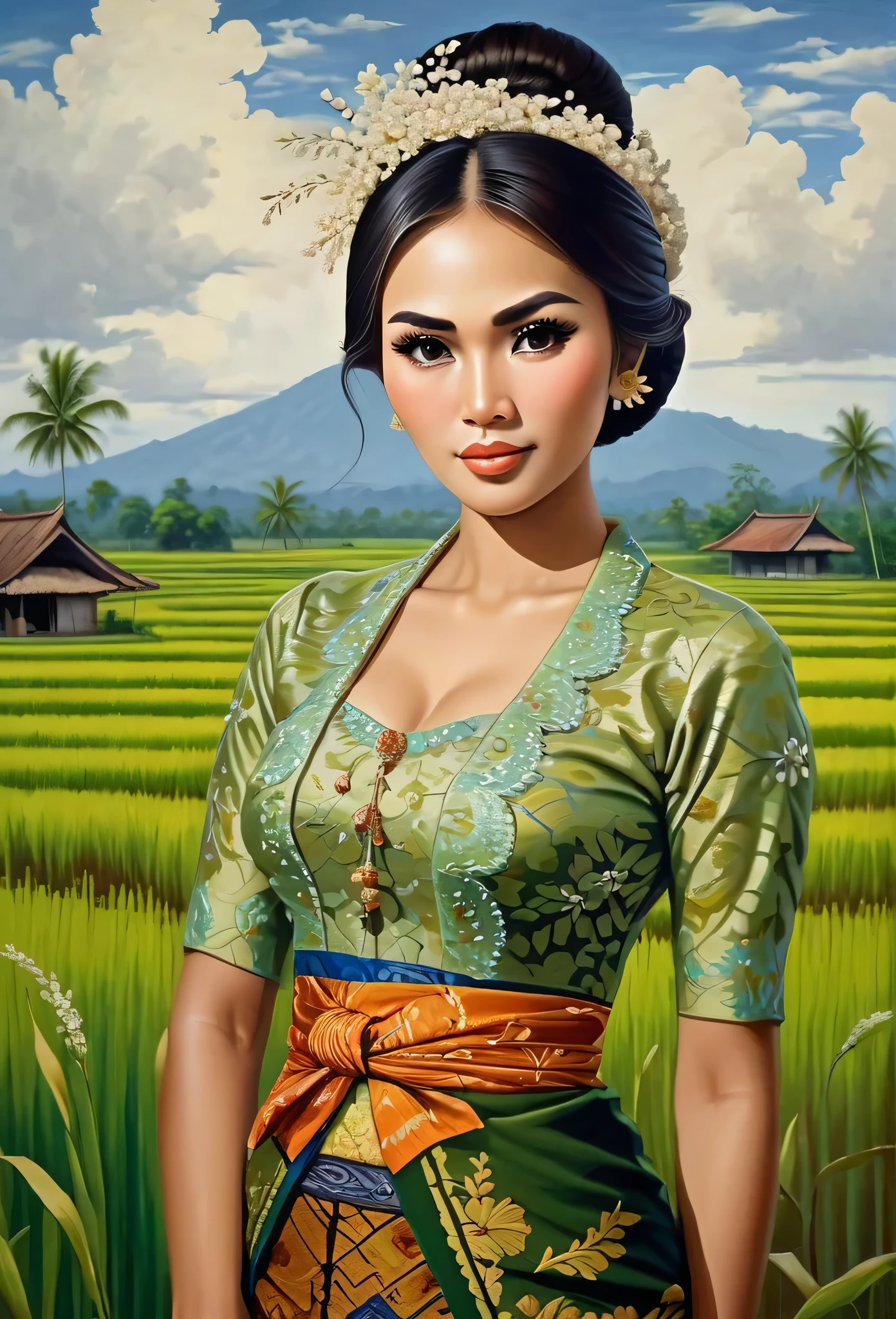 Hermosa campesina javanesa tetona con un vestido kebaya de brocado y una falda larga de batik, peinado de moño simple con pequeñas flores hermosas en el cabello, fondo de campo de arroz increíblemente detallado e intrincado, pintura al oleo sobre lienzo, estilo realista, fuertemente influenciado por el estilo de pincelada fotorrealista de Don Lawrence