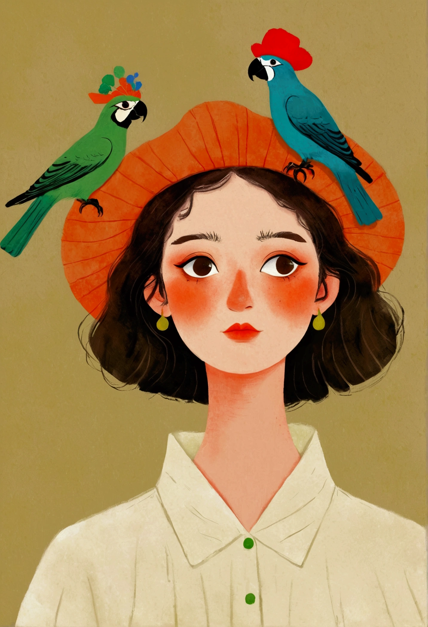 há um desenho de uma mulher com um pássaro na cabeça, uma pintura digital inspirada em Will Barnet, tumblr, arte digital, há pássaros na cabeça dela, papagaio na cabeça, procreate ilustração, solo portrait 🎨🖌️, cocô de passarinho na cabeça, ilustração!, digital ilustração, personagem com chapéu, desenho digital, arte digital ilustração, pássaro de estimação