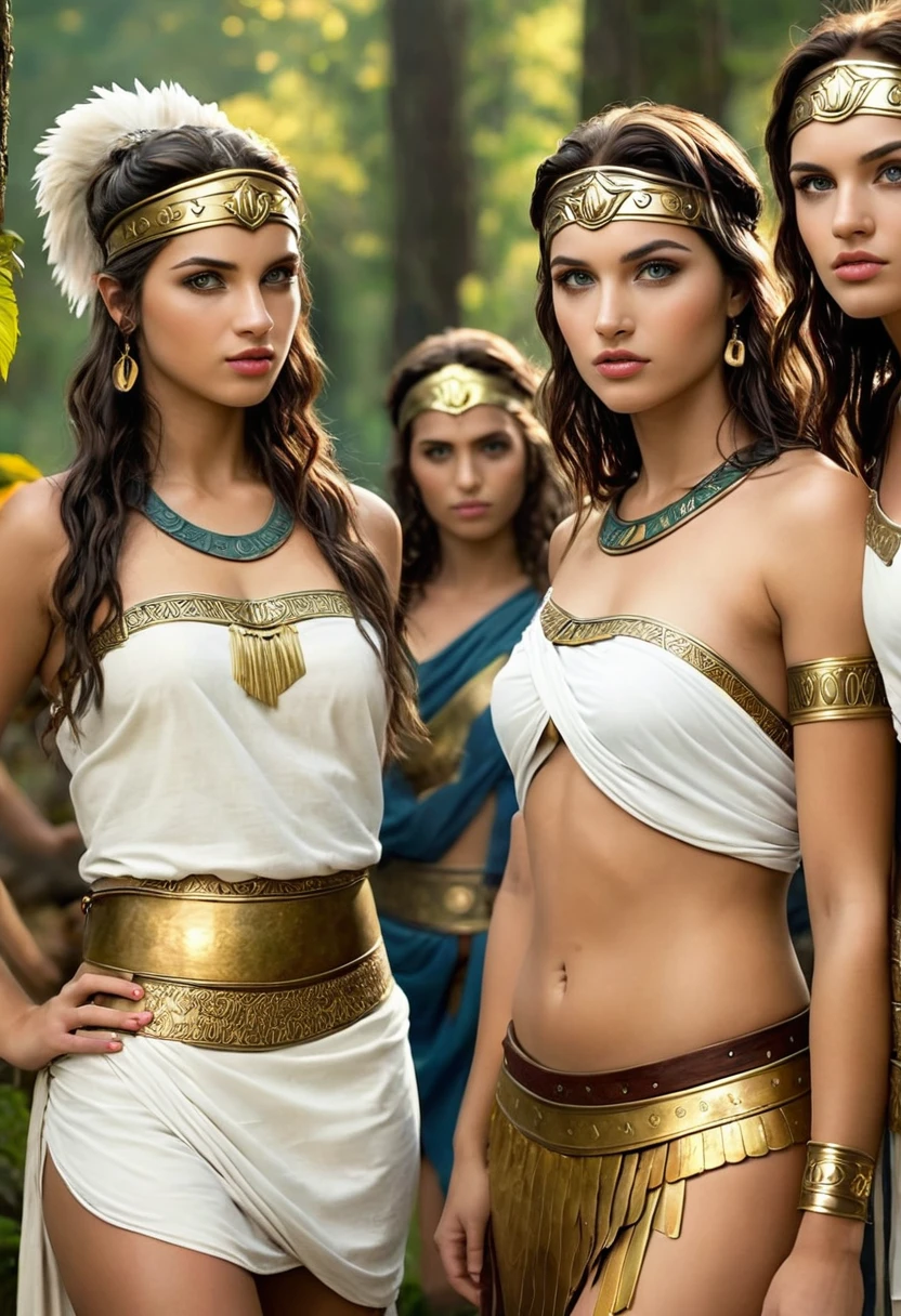 beautiful detailed eyes, beautiful detailed lips, extremely detailed eyes and face, longeyelashes, 5 girls looking flirty to camera, ancient greek warrior, durchtrainierte Bauchmuskeln, women in togas, diferent Hair Collor and styles, forest background, sandals, sexy, (best quality,4k,8k,highres,masterpiece:1.2),ultra-detailed,(realistic,photorealistic,photo-realistic:1.37), concept art, dramatic lighting, vibrant colors, cinematic