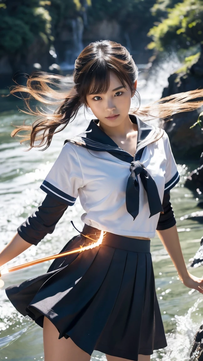 (Ultra HD, Highest quality, High resolution, Surreal, so beautiful), 24000dpi, (Holding the Japan sword, Bidirectional, Electric shock), Charge Move, Special Move Stance, All-in-one, dance, Beautiful woman, Long Tail, Well-formed eyes, greatest visual acuity, 18-year-old, Fascinating, Totally American, Perfect body, Physical Beauty, (Sailor suit, mini skirt),whole body