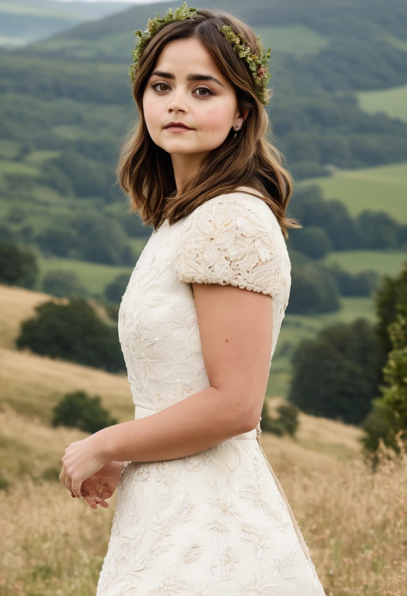 A beautiful woman with brown hair, make-up, scenery vegetation, bright sunny, wearing a white dress with some jewelry , rosto lindo , Jenna Coleman 