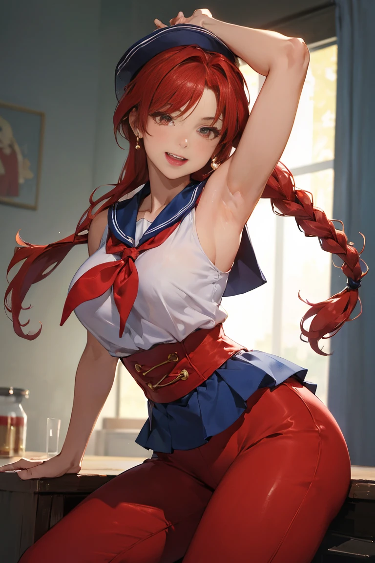 (8k, Foto RAW, La mejor calidad, Obra maestra:1.2), Ranma Chan, Ranma Red Shirt, red hair, braided belt, blue pants, martial art
　　RanmaChan, cabello rojo, Cabello con trenza, ojos azules, ojos detallados, cuerpo completo, pose open door   masterpiece, ultra quality, Beautiful detailed, extremely detailed,16K, exquisite, absurdity, highres, Beautiful background, Beautiful eye, Beautiful skin, anime style, 1girl, solo, looking at viewer, upper body focus, :1.5))), huge breasts, big ass, red_hair, single braids BREAK Ranma red_shirt, ranma black_pants, Black_kung fu_shoes BREAK cameltoe, cheeky smile, wide open mouth, double teeth, (masterpiece:1.2、best quality、Masterpiece)、1 female、Solitary、classroom、sky、sit、Blonde、Double tail、Red Eyes、(sleeveless sailor suit:1.25)、(dark skin)、Large Breasts、Pantyhose、Corset、Put your hands behind your head，Crazy breast swelling 
  （（（ＳＦＷ、sound、Highest quality、first-class、masterpiece、Normal body、8K、Detailed face、Ultra-precision、Normal hand、Normal finger、５Finger、Highest）））、beautiful girl、Green Hair、Small breasts、Shortcuts、Blue leotard、Shoulder Off、Black paleo skirt、Red cloak、Circlet、sword of the sky、DRAGON QUEST、Female Hero、In combat、Combat Ready、Lightning Slash、incantation、Gigadein Cinema Lighting，Precision human body，RAW photos，4K - Ultra-realistic，best quality, masterpiece, Ultra-high resolution, (Reality: 1.4),((linoleum,Radiant Skin、Reality的 skin texture、Beautiful skin in every detail、Glowing skin、Glowing skin))、beautiful eyes, Perfect face and eyes、Super Resolution,(Reality的:1.3),(1 Slim girl), Fashion Girl, (Smile),Baseball cap, earrings,(Loose cargo pants)