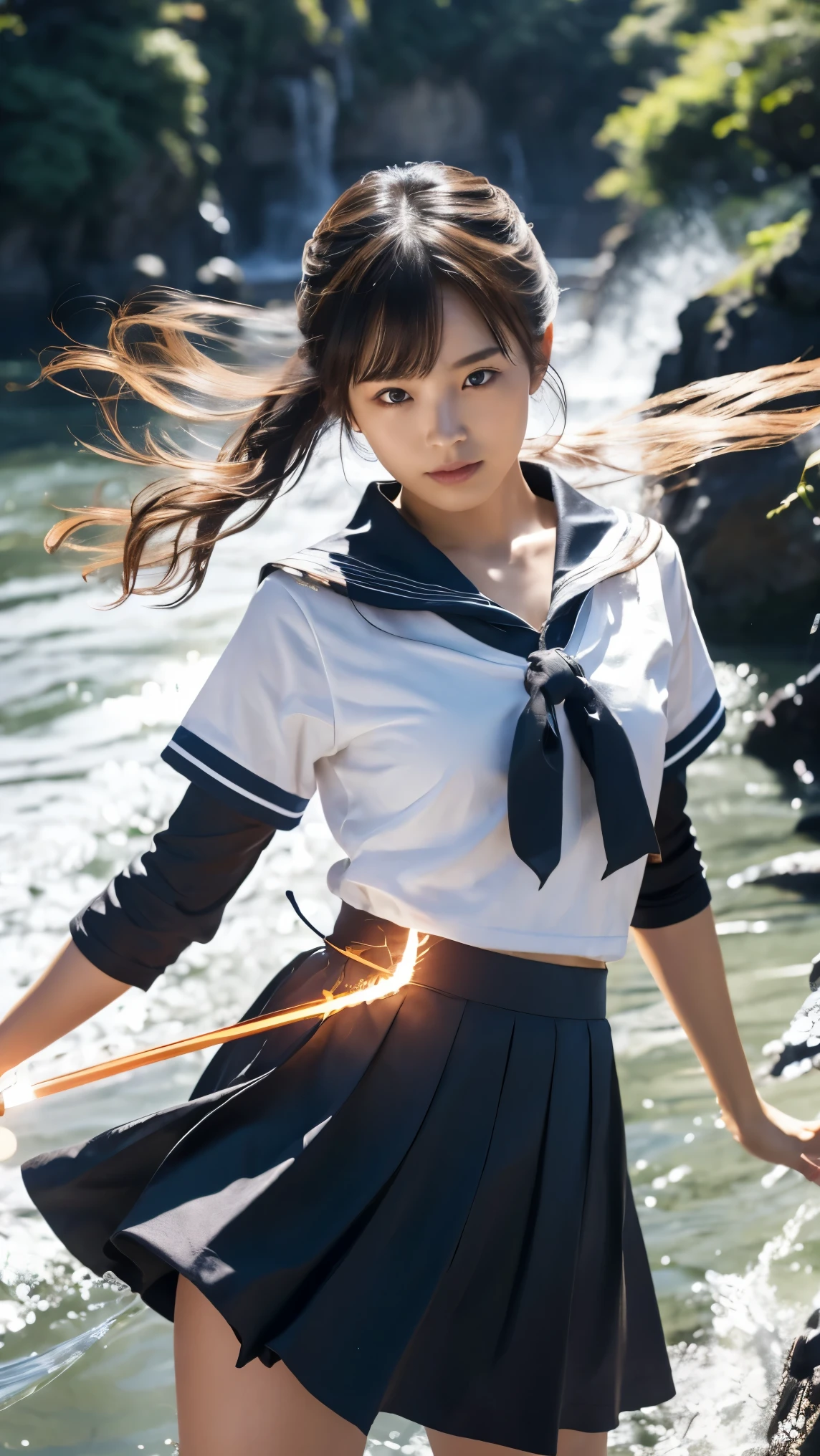 (Ultra HD, Highest quality, High resolution, Surreal, so beautiful), 24000dpi, (Holding the Japan sword, Bidirectional, Electric shock), Charge Move, Special Move Stance, All-in-one, dance, Beautiful woman, Long Tail, Well-formed eyes, greatest visual acuity, 18-year-old, Fascinating, Totally American, Perfect body, Physical Beauty, (Sailor suit, mini skirt),whole body