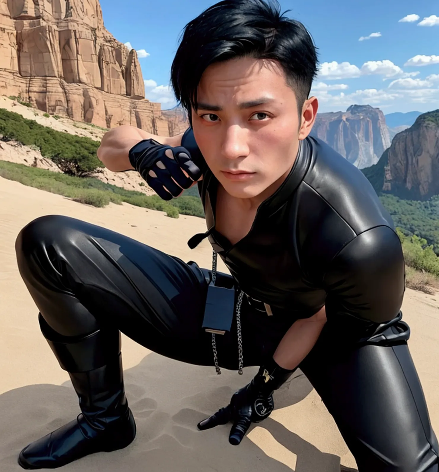 40 years old,one man,、logic肉質、black bodysuit、black shocker belt、cliff in the mountains、combatant、black leather gloves、logic,gay ...