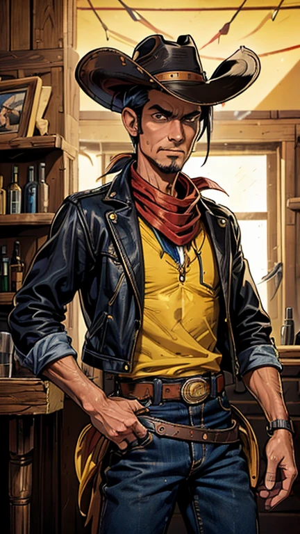 (1man, Lucky luke, yellow top, black jacket, jean, cowboy hat, red bandana), (extremely detailed CG unit 8k wallpaper),(master part), (best quality), (ultra detail), (best illustration),(style of Dan Mumford), cowboy shot, (Sharp eyeliner, ombre, detail eyes:1), saloon bar interiors background, ,break , (mike_cowboy), upper body, short hair, black hair