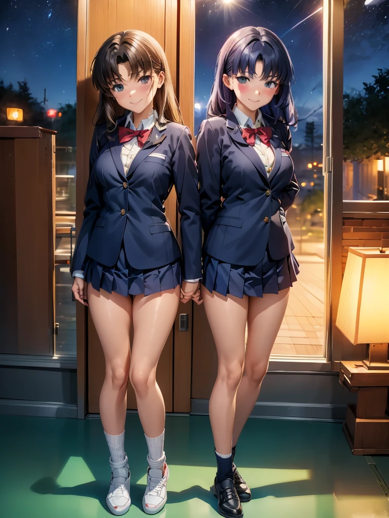 (maîtriser l&#39;anime détaillé)(chef-d&#39;œuvre)(8k)(Photos brutes)(briller les yeux)(la plus haute qualité:1.3), Misato Katsuragi,(uniforme blazer, Mini-jupe plissée bleu marine)(gros seins)(Lève les mains)(Montre-moi ton côté)(rougir) sourire, Chambre extérieure sur la route, (lancer)(jambes écartées1.5)(coup de culotte1.5)gros plan1.5)(NSFW)(mamelon)(gravure)