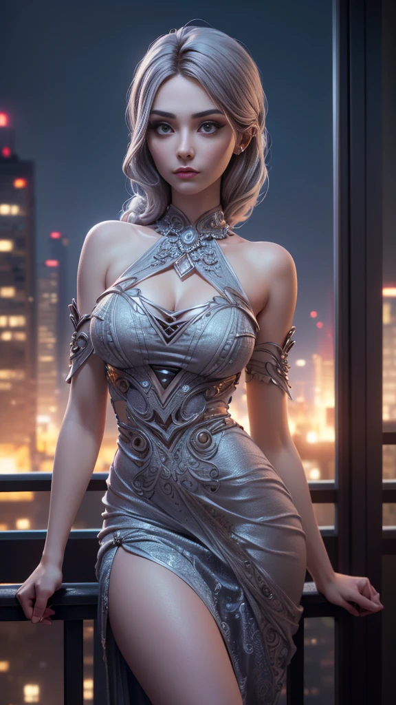 photo of rolyatistaylor, RAW, beautiful woman, ((portrait)), ((detailed face:1.2)), ((detailed facial feature, detailed skin, clear skin), (perfect proportioned body), (wearing an intricate dress:1.1) (high detailed city environment, apartment balcony), (realistic photo, best quality, detailed), (8k wallpaper), (cinematic lighting, dramatic lighting) (sharp focus, intricate)