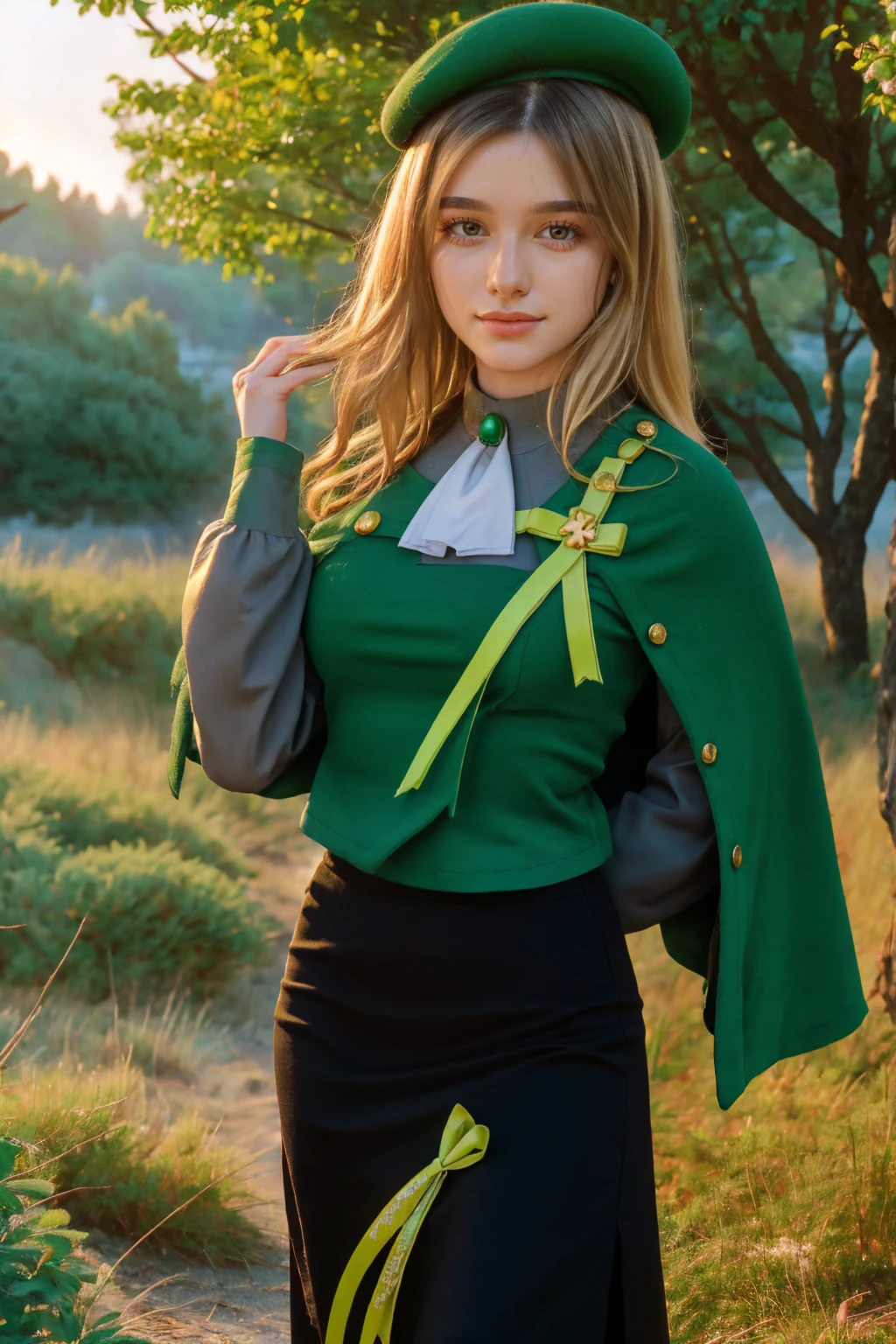 1 girl, best quality, ((Miyo)), tarankaaa, perfect face, NOT Dasha Taran, beautiful smile, 30 years old, ((ascot,uniform, black skirt, cross, ribbon, gold blonde hair, emerald, beret, cape, pantyhose)), ((perfectly drawn hands)), perfect body, bare tree, bush, fog, forest, grass, nature, outdoors, plant, scenery, solo, standing, tree, 32k photograph, ((perfect eyes, detailed eyes,realistic eyes)), ((sharp face, detailed face, realistic face, natural skin, realistic skin, detailed skin, pores)), full body, tone mapping, asian-european, ((masterpiece)), ((highres)), ((detailed background)), japanese village background, night, big proportions, (abdomen is covered)