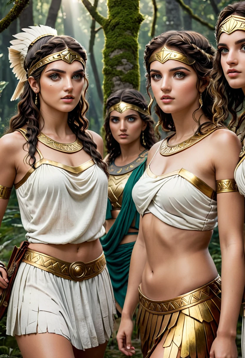 beautiful detailed eyes, beautiful detailed lips, extremely detailed eyes and face, longeyelashes, 5 girls looking flirty to camera, ancient greek warrior, durchtrainierte Bauchmuskeln, women in togas, diferent Hair Collor and styles, forest background, sandals, sexy, (best quality,4k,8k,highres,masterpiece:1.2),ultra-detailed,(realistic,photorealistic,photo-realistic:1.37), concept art, dramatic lighting, vibrant colors, cinematic