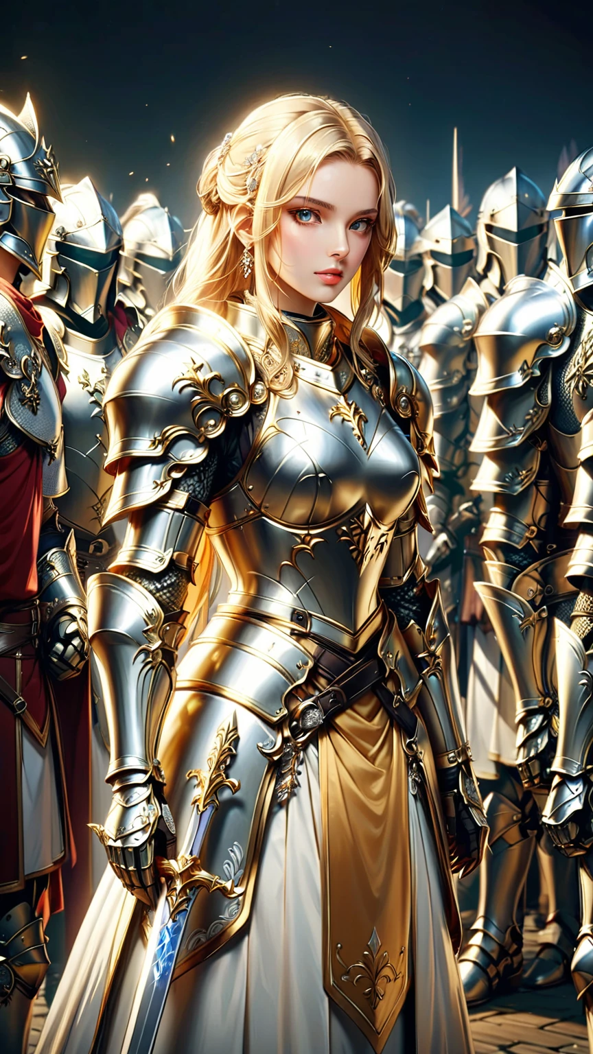 Nahaufnahme einer Frau in Rüstung, die vor einer Menschenmenge steht, Prächtiger Paladin, Ritterin, Paladin, of a beautiful Ritterin, beautiful Ritterin, rüstung mädchen, Mädchen in Ritterrüstung, Porträt Ritter Frau, Porträt eines Paladins, trägt eine leichte Rüstung, schöne Rüstung, Fantasie Paladin Frau, Bild von Paladin