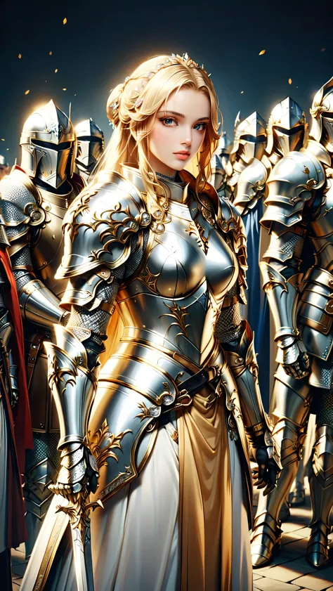 close-up of a woman wearing armor standing in front of a crowd, gorgeous paladin, female knight, paladin, of a beautiful female ...