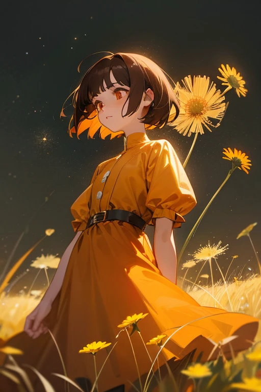 A girl with brown hair cut into a bob with an orange tint at the ends of the hair, she has orange eyes and stars in her eyes, she herself is dressed in a , and where is she in a field with dandelions.