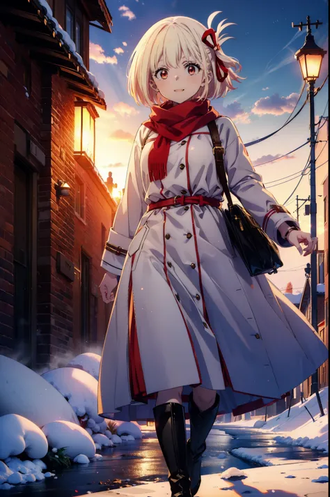  chisato nishikigi, short hair, bangs, Blonde, (Red eyes:1.5), hair ribbon, One side up, Bobcut,happy smile, smile, Open your mouth,Red scarf,White long coat,Long skirt,Black Pantyhose,short boots,Walking,snowが降っている,snowが積もっている,snow,snow,snow,whole bodyがイラストに入るように
break looking at viewer, whole body, 
break outdoors, Building district,
break (masterpiece:1.2), highest quality, High resolution, unそれy 8k wallpaper, (shape:0.8), (Beautiful and beautiful eyes:1.6), Highly detailed face, Perfect lighting, Highly detailed CG, (Perfect hands, Perfect Anatomy),