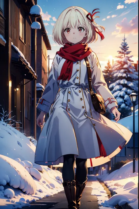  chisato nishikigi, short hair, bangs, Blonde, (Red eyes:1.5), hair ribbon, One side up, Bobcut,happy smile, smile, Open your mouth,Red scarf,White long coat,Long skirt,Black Pantyhose,short boots,Walking,snowが降っている,snowが積もっている,snow,snow,snow,whole bodyがイラストに入るように
break looking at viewer, whole body, 
break outdoors, Building district,
break (masterpiece:1.2), highest quality, High resolution, unそれy 8k wallpaper, (shape:0.8), (Beautiful and beautiful eyes:1.6), Highly detailed face, Perfect lighting, Highly detailed CG, (Perfect hands, Perfect Anatomy),