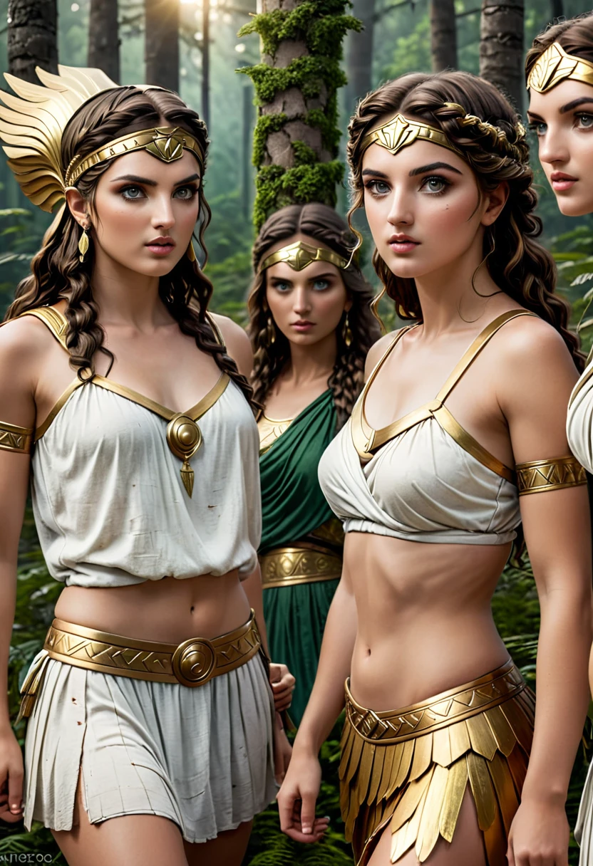 beautiful detailed eyes, beautiful detailed lips, cstatuesdxl, extremely detailed eyes and face, longeyelashes, 5 girls looking flirty to camera, ancient greek warrior, durchtrainierte Bauchmuskeln, women in togas, diferent Hair Collor and styles, forest background, sandals, sexy, (best quality,4k,8k,highres,masterpiece:1.2),ultra-detailed,(realistic,photorealistic,photo-realistic:1.37), concept art, dramatic lighting, vibrant colors, cinematic