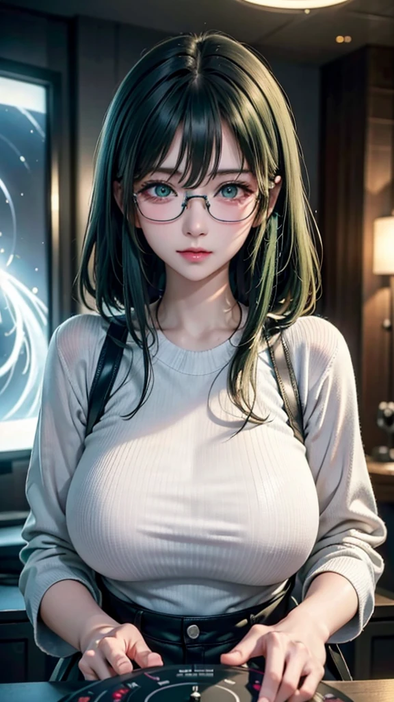 anime, DJ Girl, DJ, DJ girl, Headphones, Highly praised, (Best image quality),masterpiece,Highest quality,extremely detailed CG wallpaper, Ultra_detailed,(Cinema Lighting:1.1), (Cold Face), Green Eyes, One girl, alone, Dark Green_hair, short_hair, masterpiece, Highest quality, Glasses