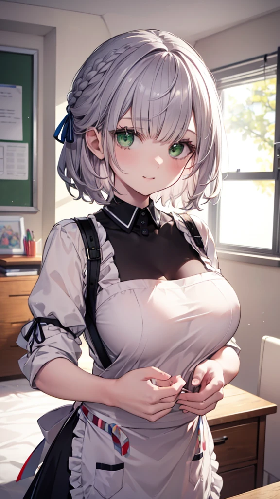 (best quality:1.2), (ultra detailed:1.2),(masterpiece:1.2),(8k:1.2),(Blessed,Captivating body、Ultra detailed hands、Ultra-detailed eyes、Ultra-detailed skin、ultra-detailed face,Detailed Background),One Girl、kindergarten teacher, pink apron, kindergarten:1.3),large breasts,(in the kids room:1.2), children’s toy, in the daytime,gentle smile, ccnoel, short hair, french braid, hair ribbon, green eyes