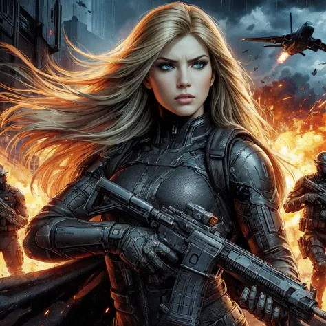 epic illustration of a beautiful girl with blonde hair, stealth suit, holding a gun, pretty eyes highly detailed, spacecraft, so...