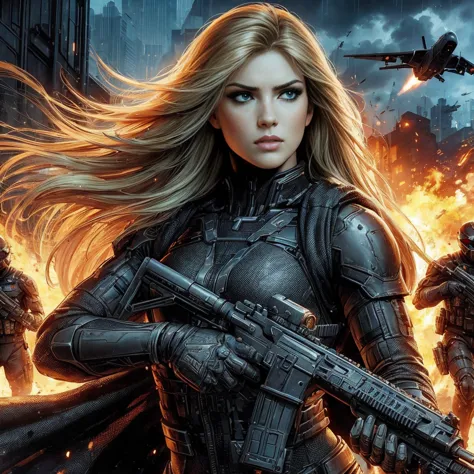 epic illustration of a beautiful girl with blonde hair, stealth suit, holding a gun, pretty eyes highly detailed, spacecraft, so...