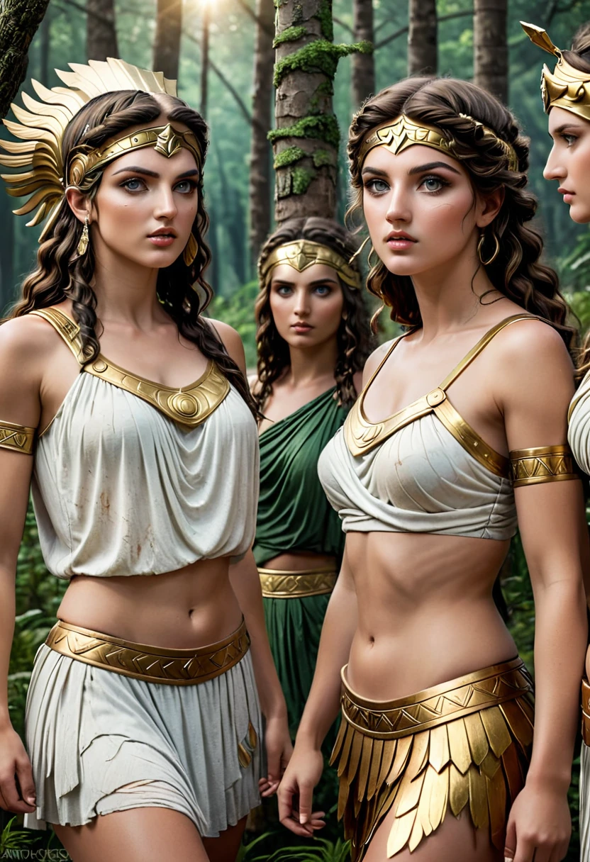 beautiful detailed eyes, beautiful detailed lips, cstatuesdxl, extremely detailed eyes and face, longeyelashes, 5 girls looking flirty to camera, sinnlich erregt, ancient greek warrior, durchtrainierte Bauchmuskeln, women in togas, diferent Hair Collor and styles, forest background, sandals, sexy, (best quality,4k,8k,highres,masterpiece:1.2),ultra-detailed,(realistic,photorealistic,photo-realistic:1.37), concept art, dramatic lighting, vibrant colors, cinematic