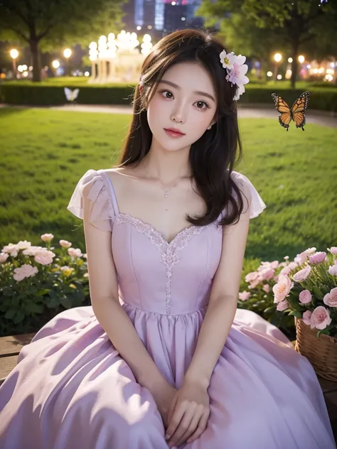 sweet girl dress2,dress (night), in the park under the moonlight，a beautiful girl sitting among the flowers，surrounded by bloomi...