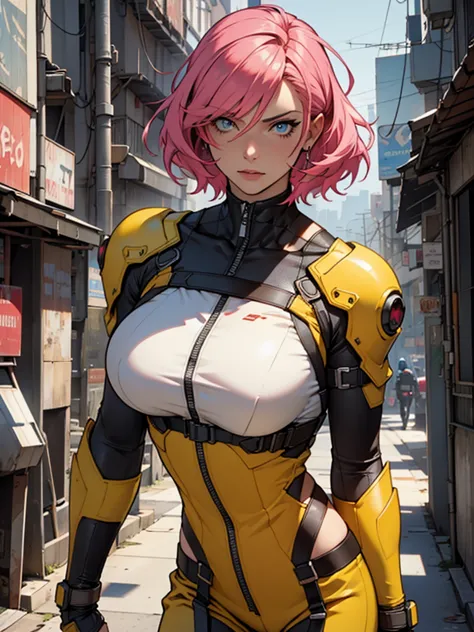 fake body and  , mature woman  in metal rising revengeance body details, foto de busto, big pink hair, shining blue eyes, wearin...