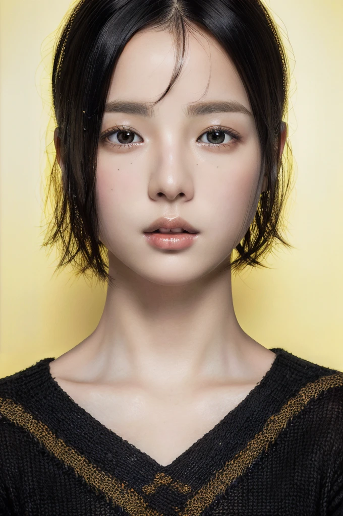 Masterpiece: 1.3), (8k, photorealistic, RAW photo, top quality: 1.4), (1girl), beautiful face, (realistic face), (black hair, short hair: 1.3), beautiful hairstyle, realistic eyes, beautiful detail eyes, (realistic skin), beautiful skin, (sweater), absurd, attractive, ultra high resolution, ultra realistic, high definition, golden ratio