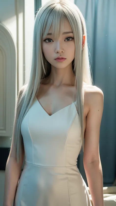 10 years old,woman,Japanese,Slender figure,Long straight white hair,White dress,Hair length reaches down to the middle of the ba...