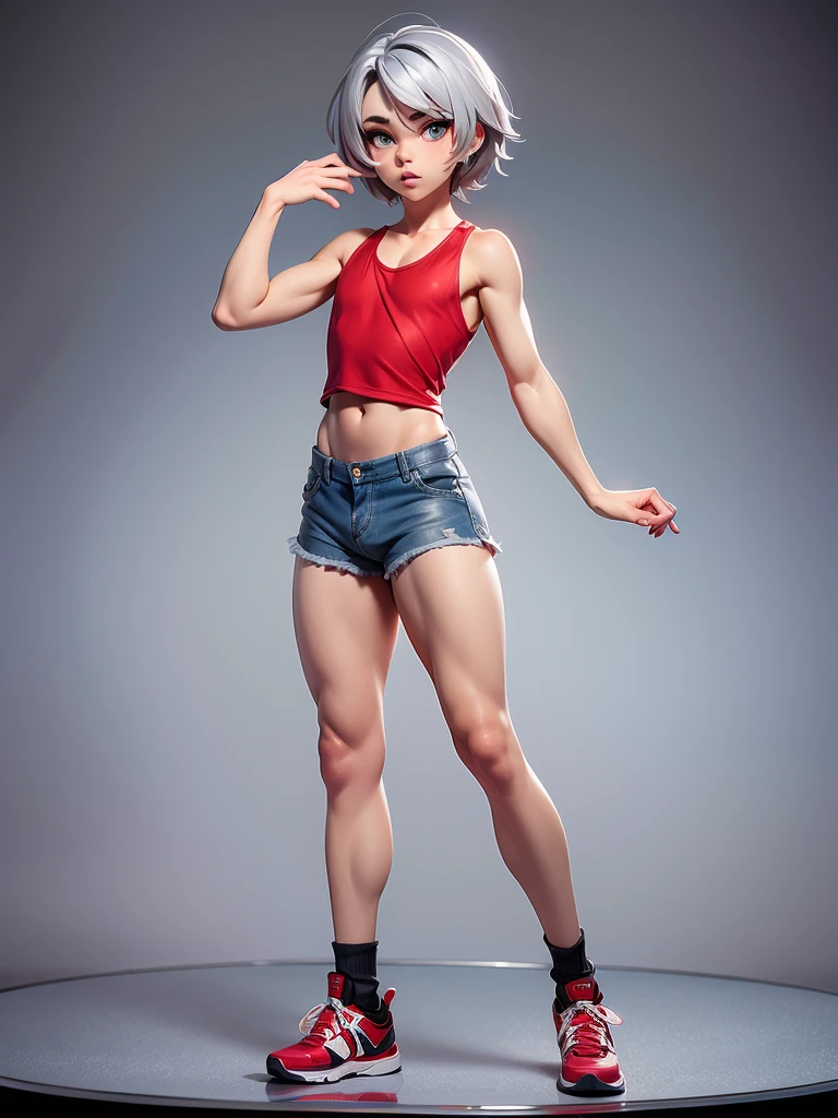 masterpiece, highest quality, 8k, Cinematic Light, Ultra-high resolution, Chibi, One boy,Full Body,Very short hair,Silver Hair, Red tank top, athletic, exposed midriff, denim shorts, big lips, cfemboy, babyface, huge bulge, bulgej8