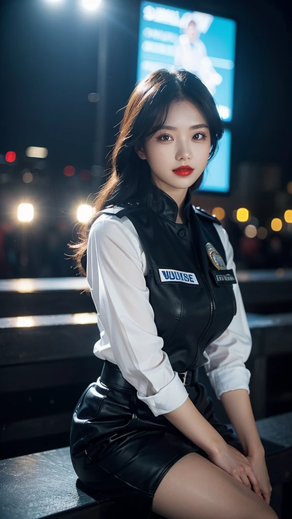 Solitary, (, Policewoman), stocking, City Lights, (Looking at the audience: 1.3), Lips parted, Red lips, Glowing skin, Skin Dimples, best quality, Ultra-high resolution, (realism: 1.4),  Hollow，