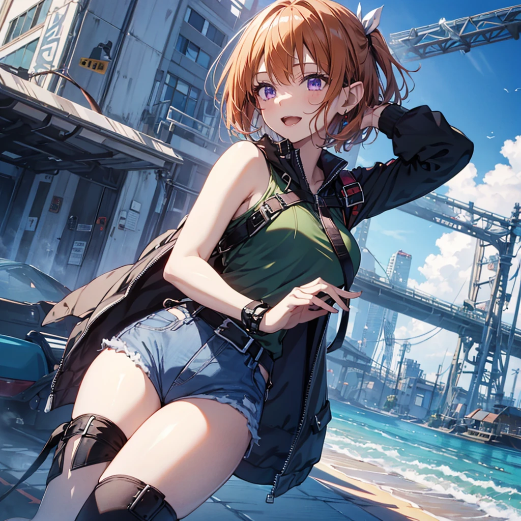 Sunglasses on forehead, Have a swim ring, Beach, Bitch, Elf Ears, Highest quality,Best image quality,Perfect Anatomy,masterpiece,Very detailedな,beautiful,super high quality, Highest quality,High resolution, Very detailed,Game CG,Dutch Angle ,beautiful細部までこだわった目,Visual Arts,Five Fingers, Perfect hands,Hide your hands, {{{One Girl}}}, beautiful詳細な女の子, Game CG, Spring flower, One curl on the outside, Short Bob Hair, Pastel orange hair, Purple eyes,Stylish accessories solo, Breast augmentation, Medium Shot, woman, Take-out, Laughter, Giant thighs ,Green shirt and denim hot pants, Black Knee High, Open your mouth, wonderful, beautiful細部までこだわった目, Highest quality, Very delicate,Masseter region,Highest quality,(Official Art、Highest quality、unity 8k wallpaper、32K、masterpiece、Very detailedな、超High resolution、Realistic、Realistic:1.2)、(Cinema Lighting:1.2)、The most grainy shadows on the film、Side light、Side Shot、(Very detailedなで複雑な3Dレンダリング)、Atelier Series,