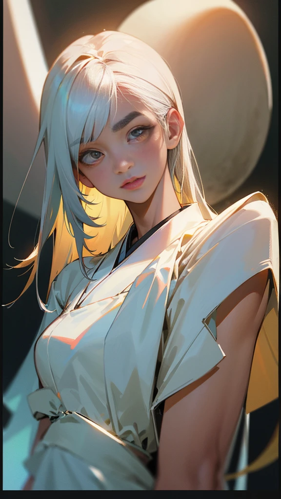 ,woman,Japanese,Slender figure,Long straight white hair,White dress,Hair length reaches down to the middle of the back,Bangs are heavy,Egg-shaped contour,Parallel eyebrows,Slightly droopy eyes,An elegantly rounded nose,Cold lips,Lips are a little thin,Realistic skin texture,8k,masterpiece,photo shoot,Raw photo,Highest quality,Genuine
