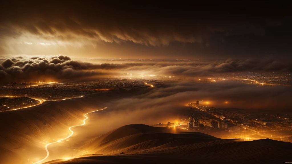 masterpiece, best quality, extremely detailed, hyperrealistic, photorealistic, city, in the night, nightmarish, mystical fog, smoke, aerial view shot, sandstorm, city getting sand, a gigantic hole in the ground, quick sand
