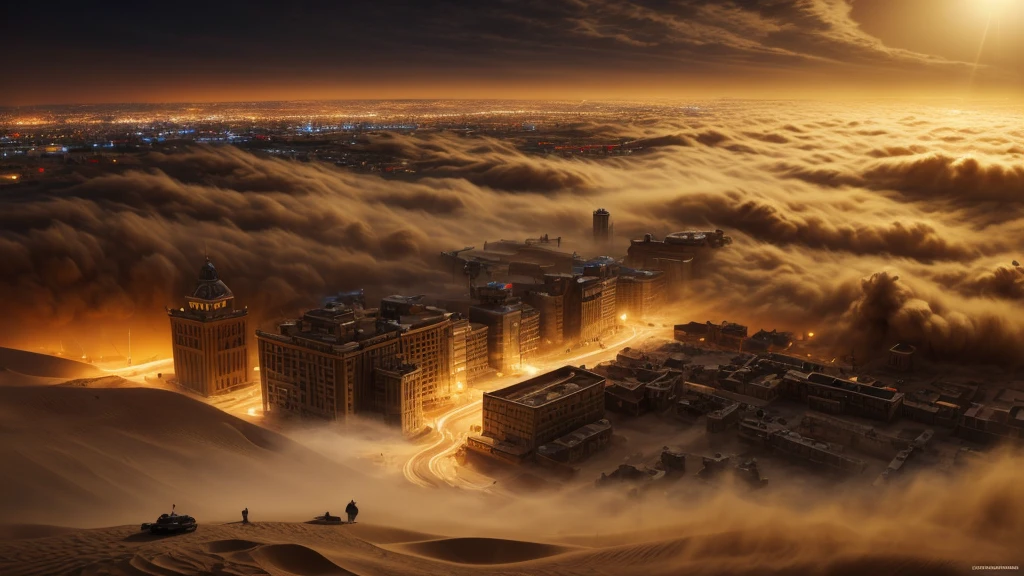 masterpiece, best quality, extremely detailed, hyperrealistic, photorealistic, city, in the night, nightmarish, mystical fog, smoke, aerial view shot, sandstorm, city getting sand, a gigantic hole in the ground, quick sand
