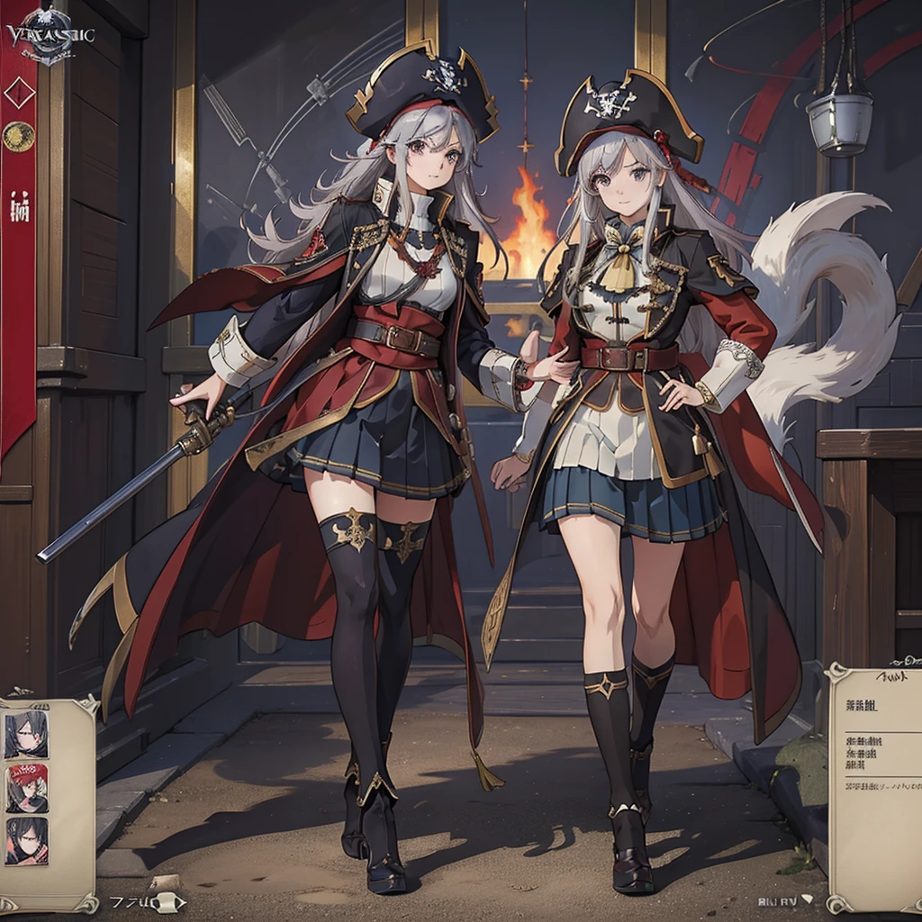 captain、Viking hat、pirate、(((Highest quality、Masterpiece、Official Art、Super detailed、The best dynamic composition)))、Anime Style、Short grey hair、Black and red coat、Pleated mini skirt、